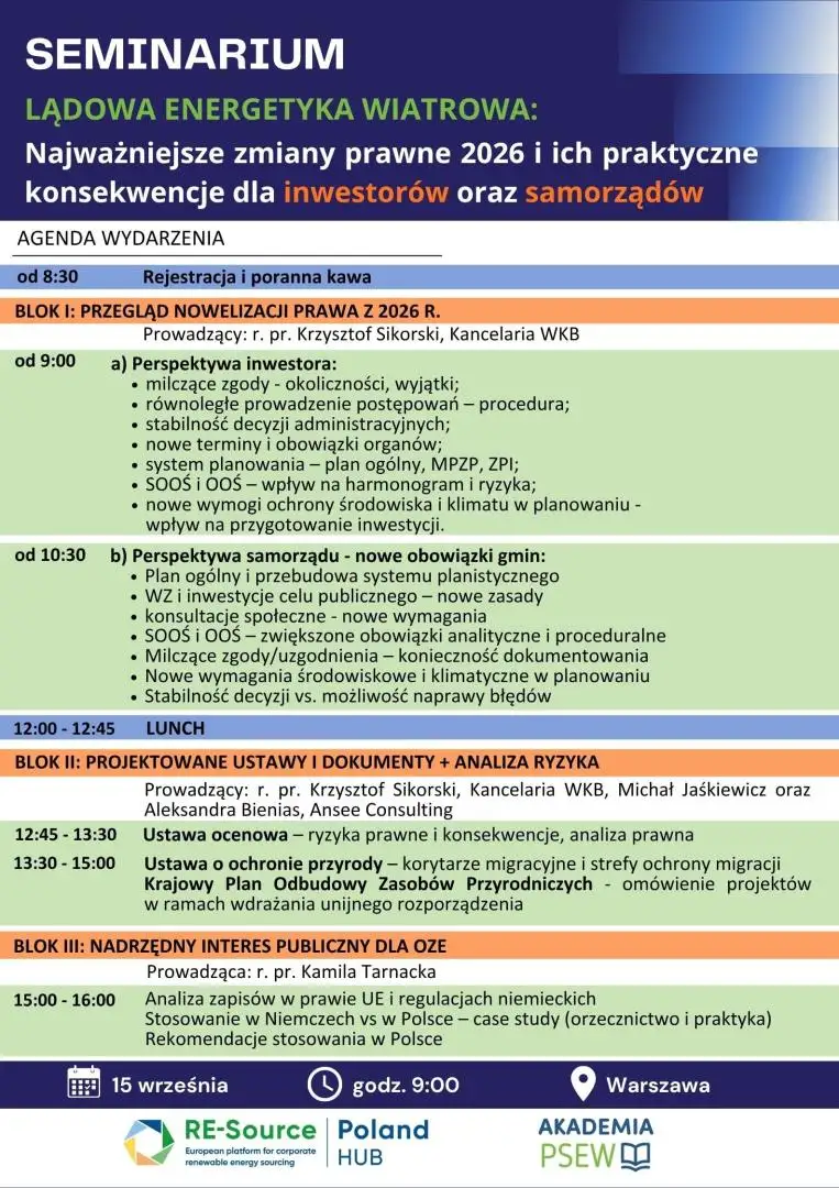 Akademia PSEW: seminarium o zmianach prawnych 2026 dla energetyki wiatrowej