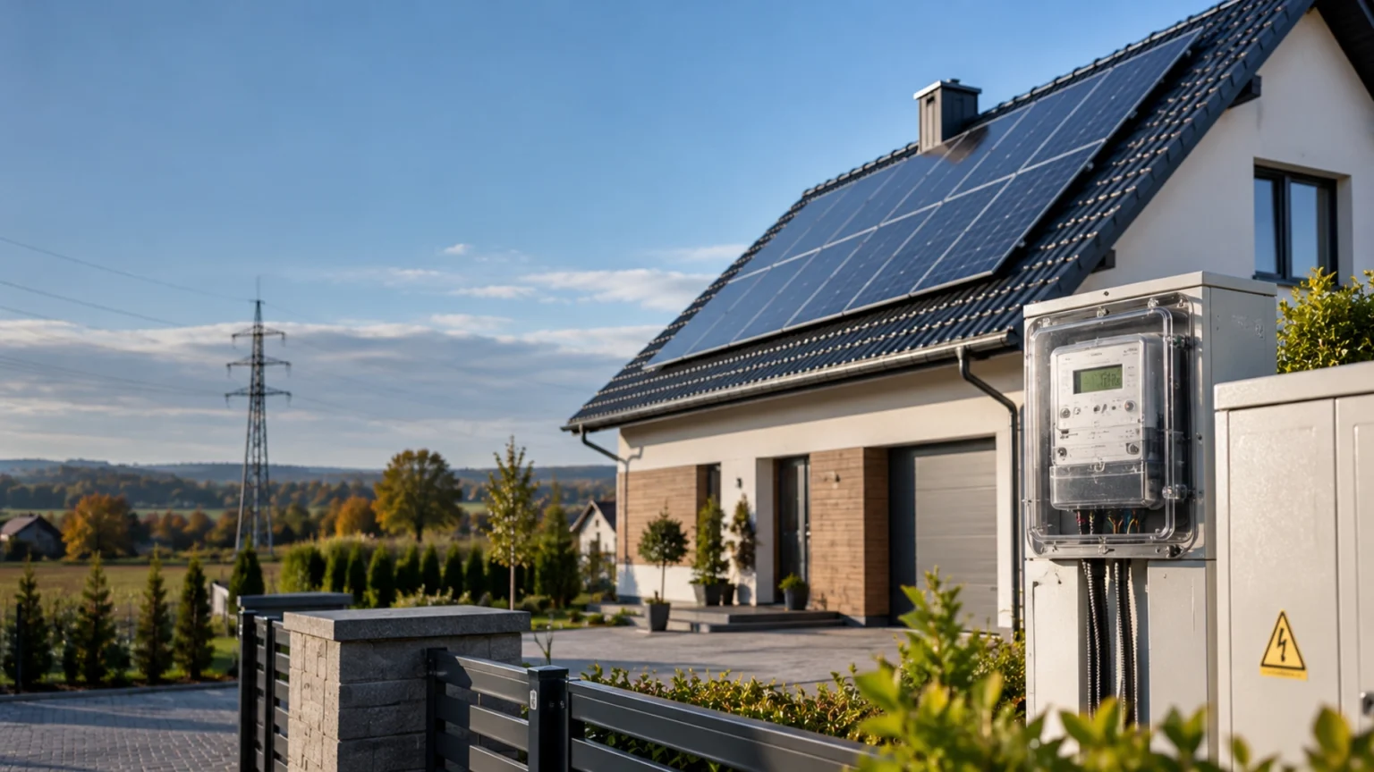 Dom jednorodzinny z instalacją fotowoltaiczną na dachu i licznikiem energii elektrycznej – rozliczenia prosumentów i zmiany na rynku energii w Polsce. Ilustracja wygenerowana przez AI.