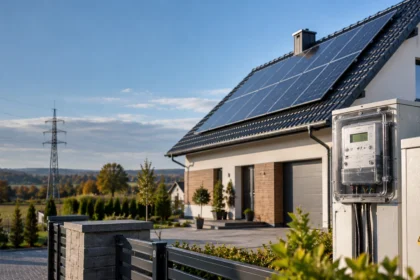 Dom jednorodzinny z instalacją fotowoltaiczną na dachu i licznikiem energii elektrycznej – rozliczenia prosumentów i zmiany na rynku energii w Polsce. Ilustracja wygenerowana przez AI.
